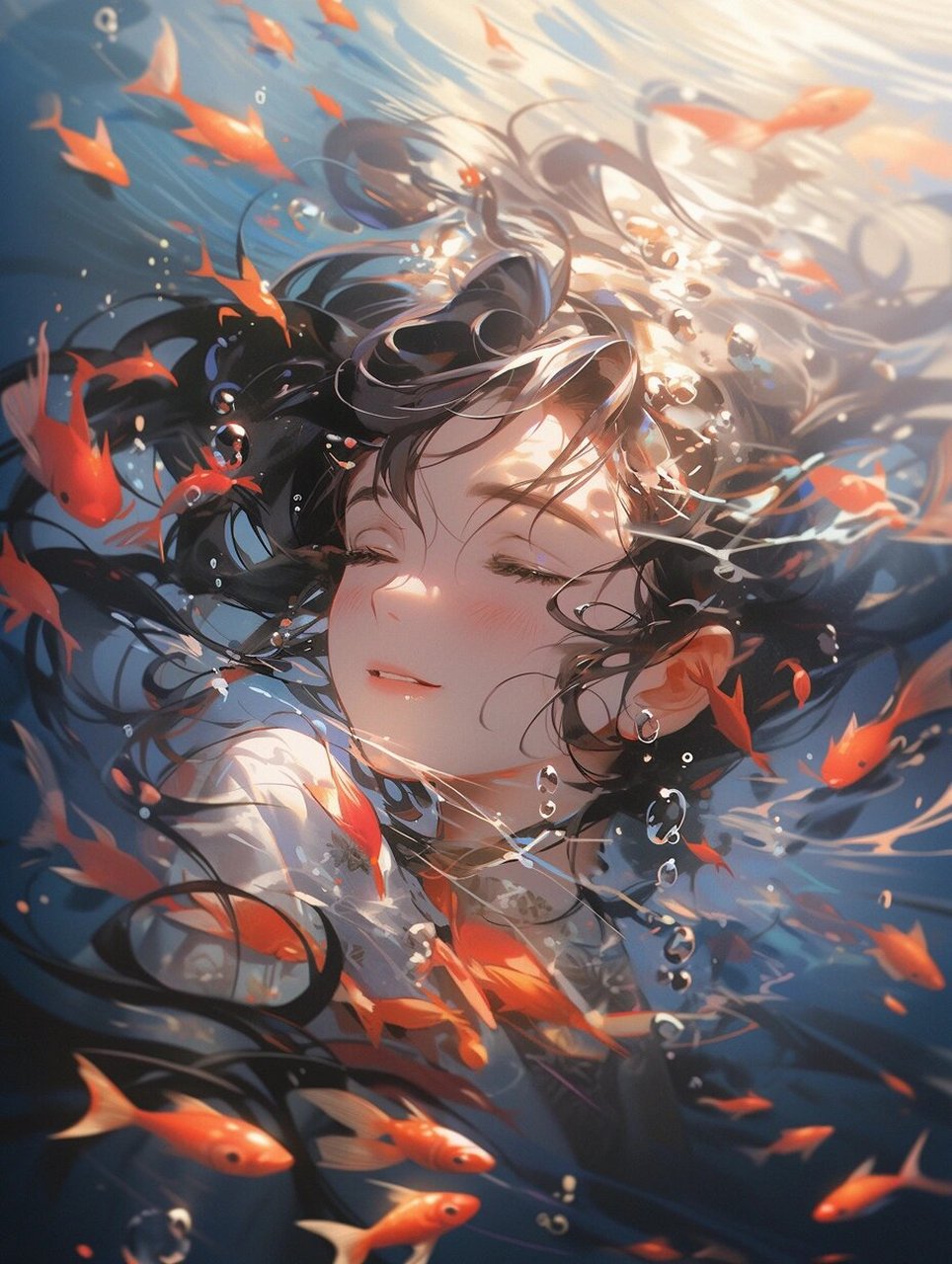 悬溺·水下摄影女孩  使用midjourney设计水下悬溺