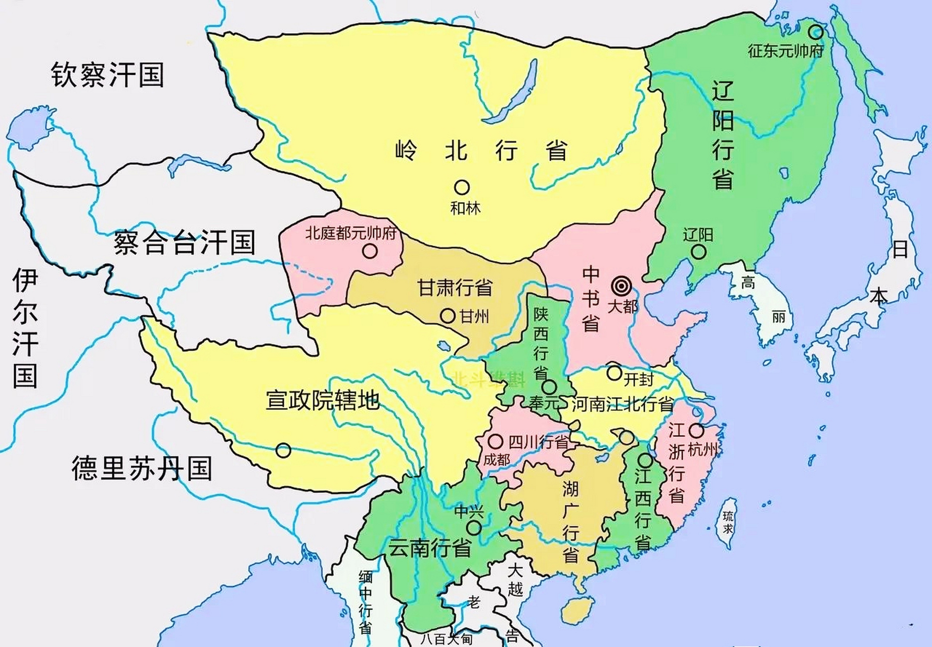 1279年元朝形势图 反复无常,左右横跳,今天议和,明天开战,统治无能