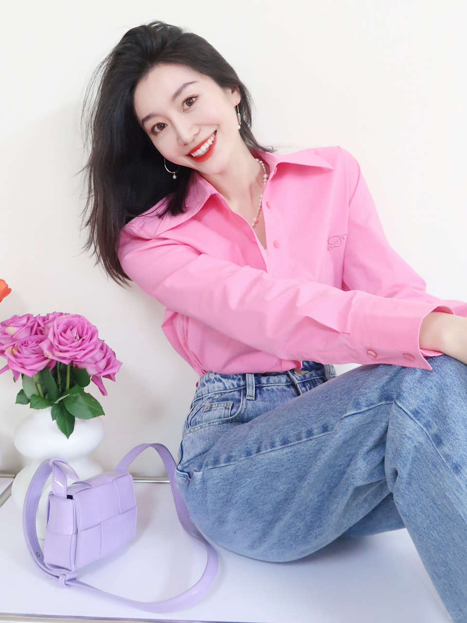 高级感粉色衬衫蓝牛仔裤 春天真的很爱粉色呀!