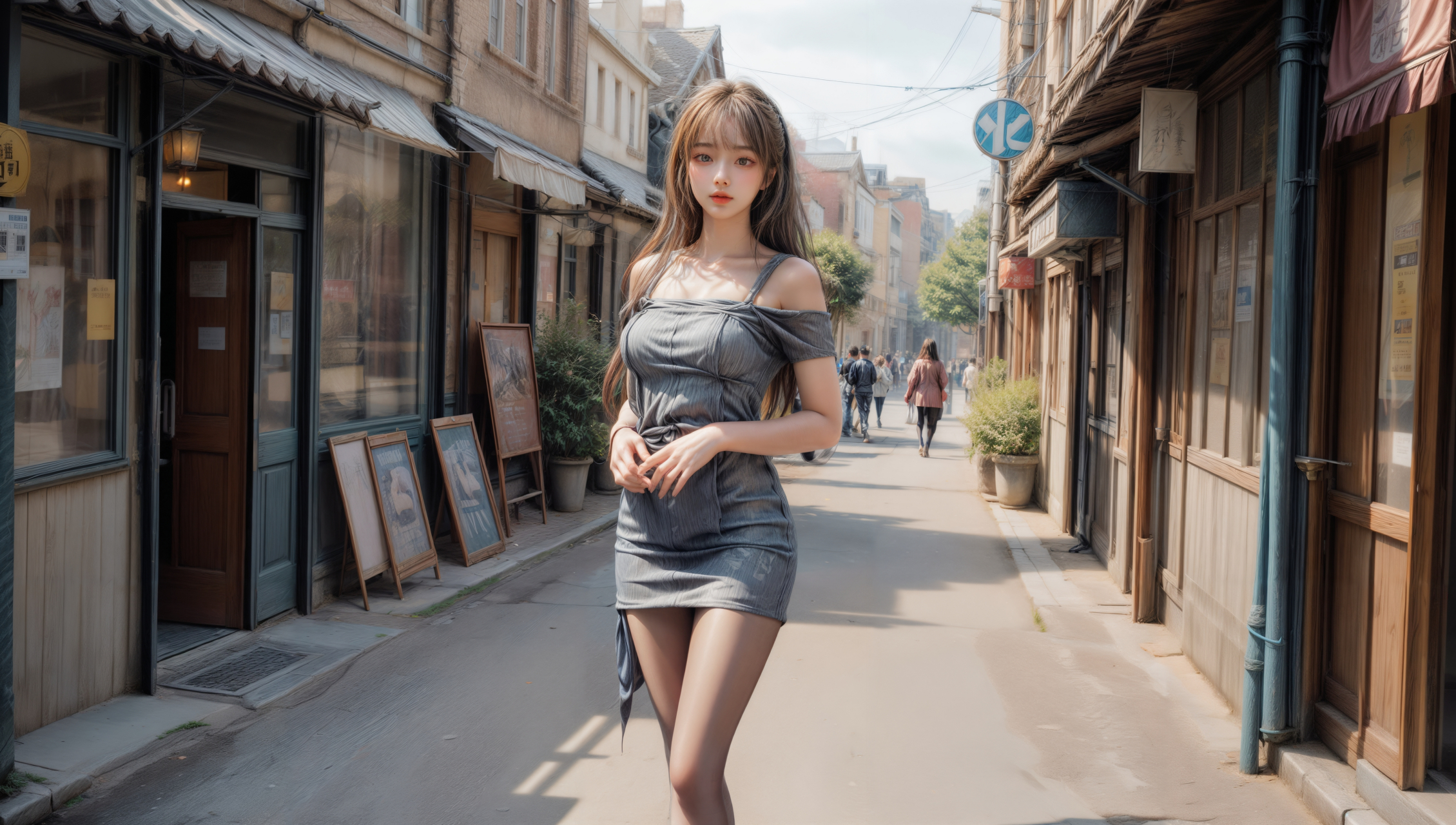 ai美女壁纸# 每日ai美女秀	 一位年轻的女子走在城市街道上,穿着短裙