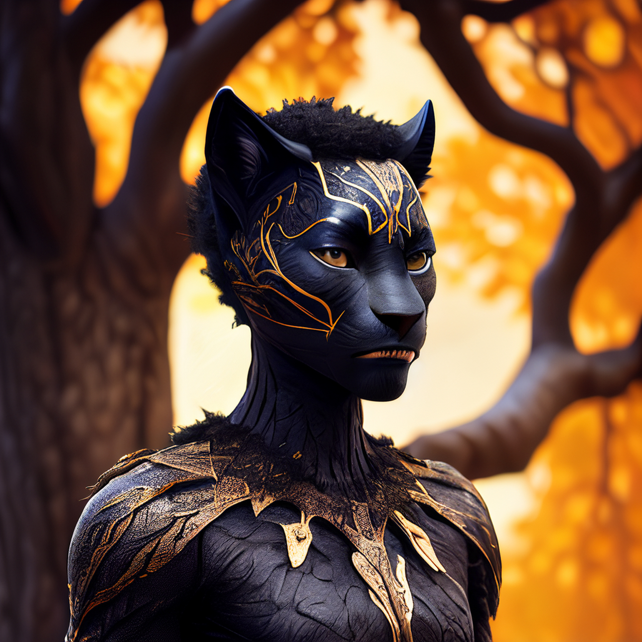 百度ai绘图黑科技#拟人化庄严的黑豹树精,秋季肖像,侧面视图从框伎创