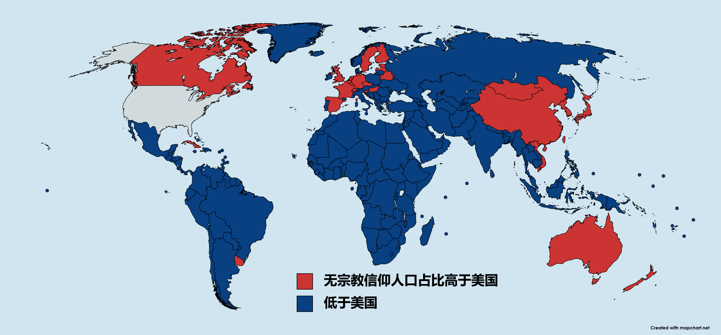 无宗教信仰人口占总人口之比高于美国,和低于美国的国家分布.