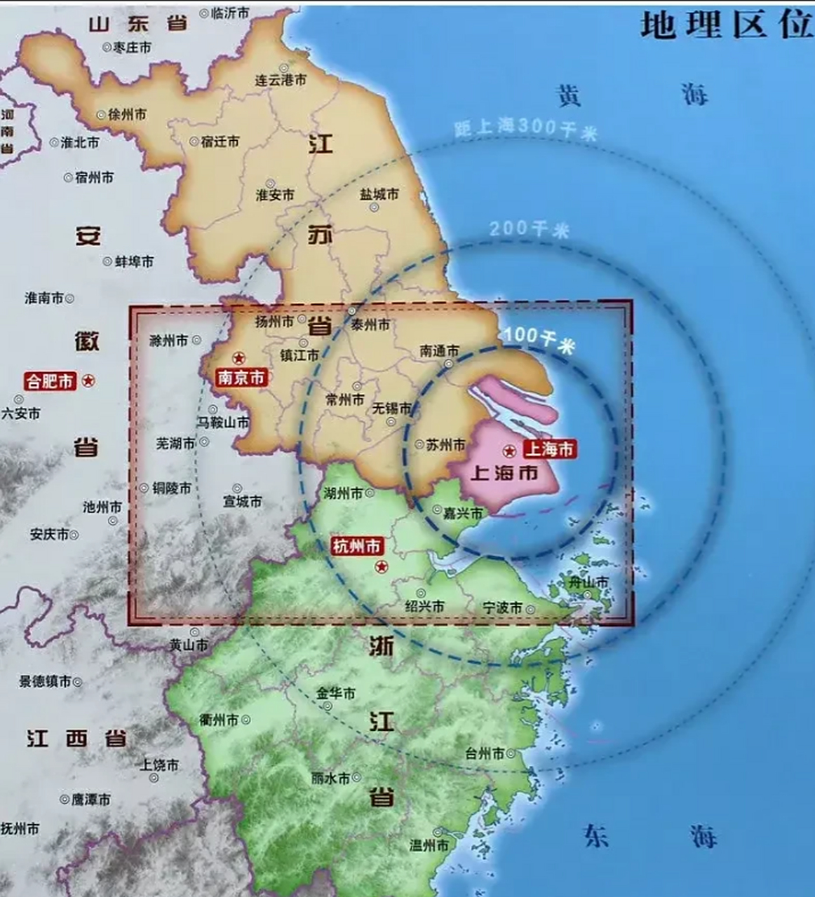 以上海为中心,从地理位置上来看,浙江的嘉兴和江苏的苏州一样,浙江的