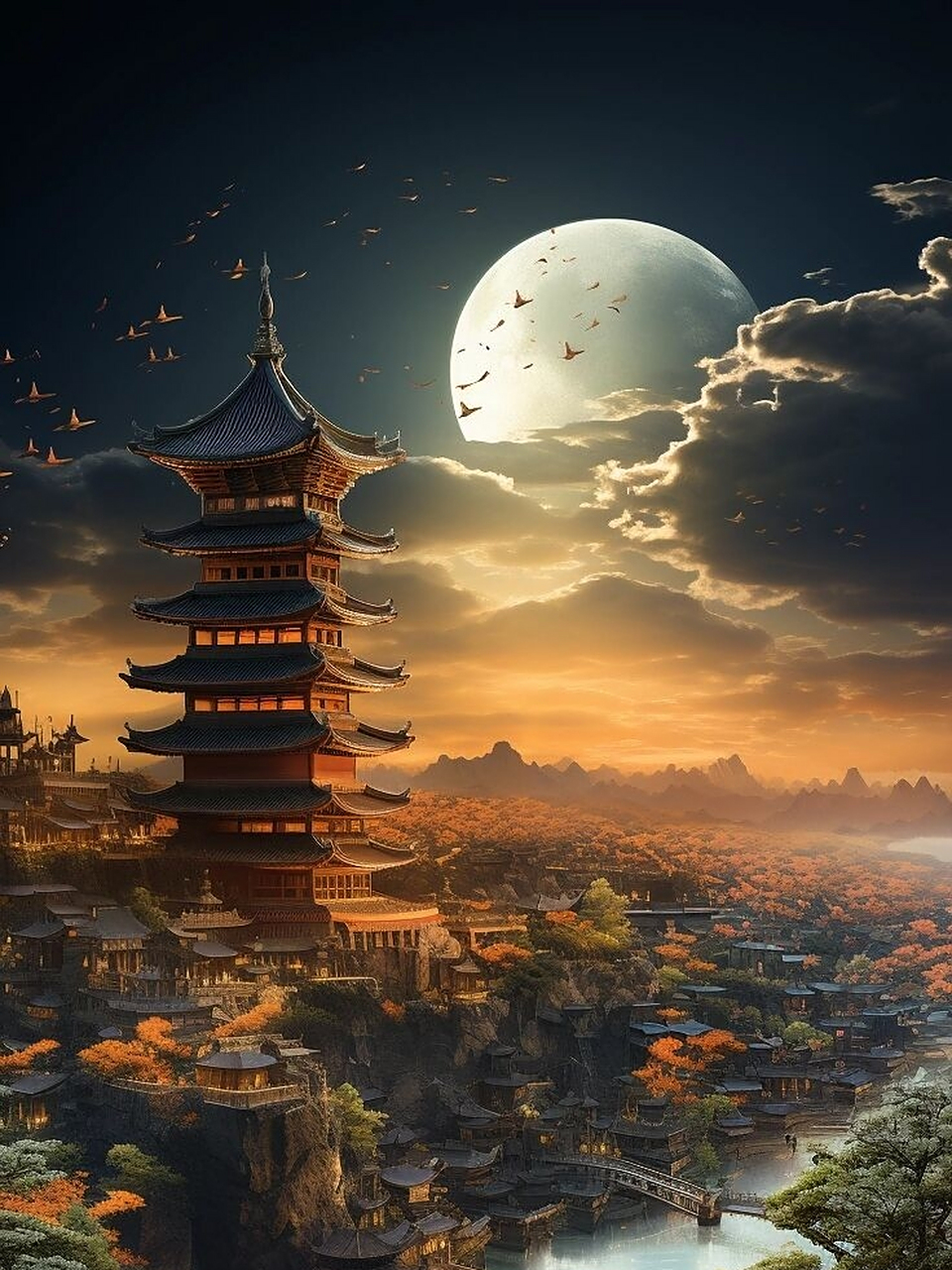 明月照古都  明月高悬夜凝翠, 古都城内灯火辉.