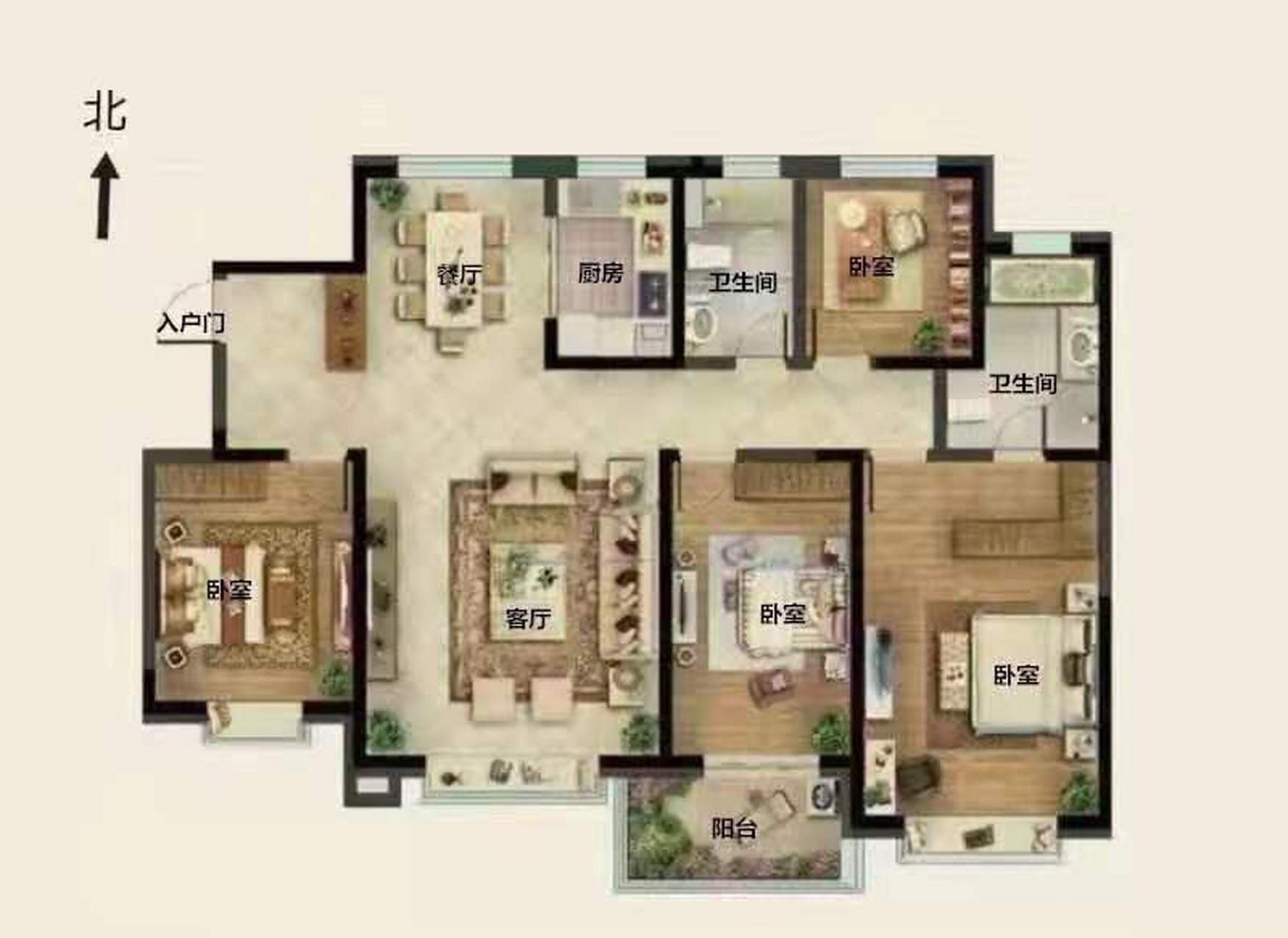 来一波齐润花园户型分析啦: 这是一套四居室的住宅,四室两厅两卫的