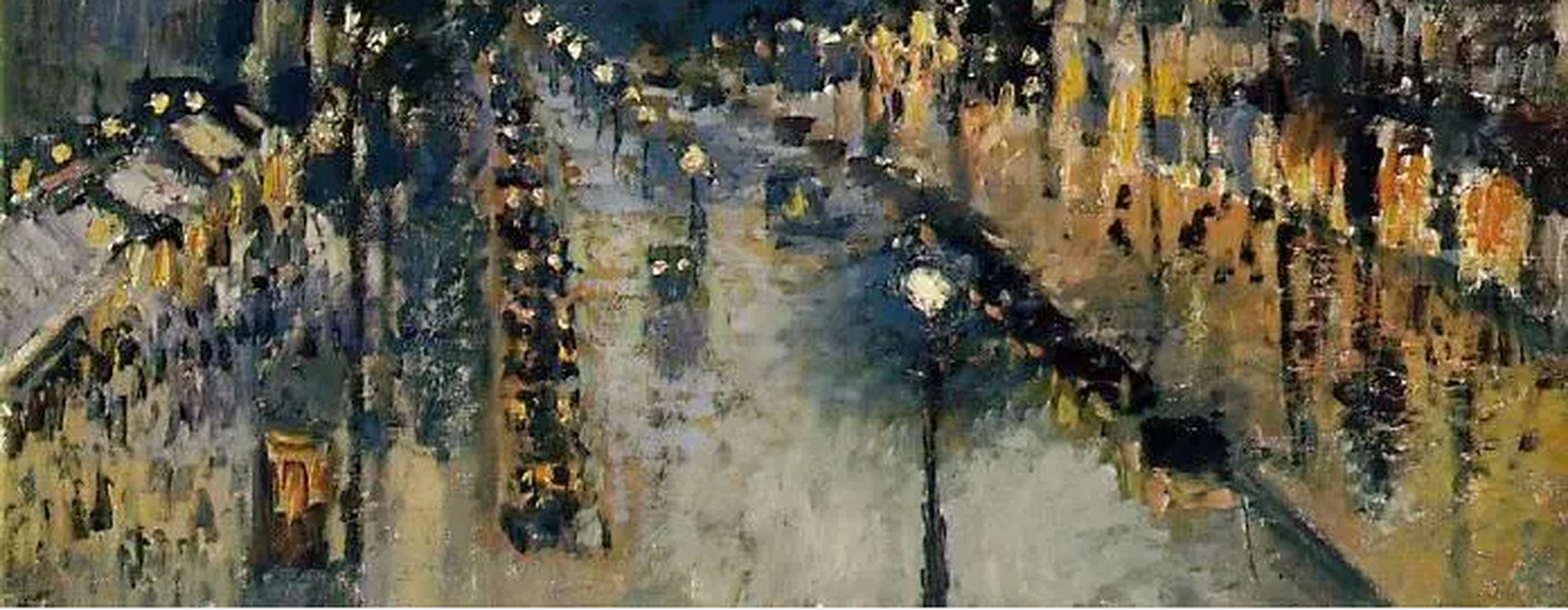 毕沙罗的作品《蒙马特大街, 夜晚》 这是一幅蒙马特大街的全景图,街道