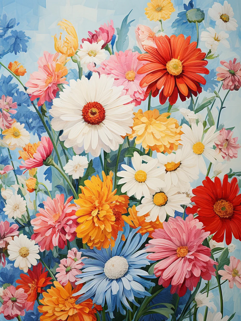 midjourney绘图 | 盛开的雏菊  关键词 lino cut of colorful daisies