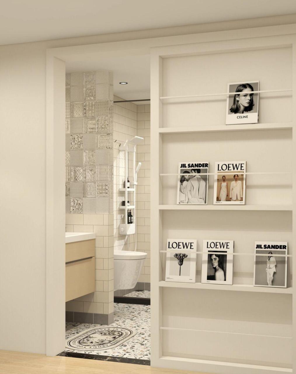 奶油系的卫生间太美了|谷仓门书架移门 [照相机]  卫生间书架谷仓门