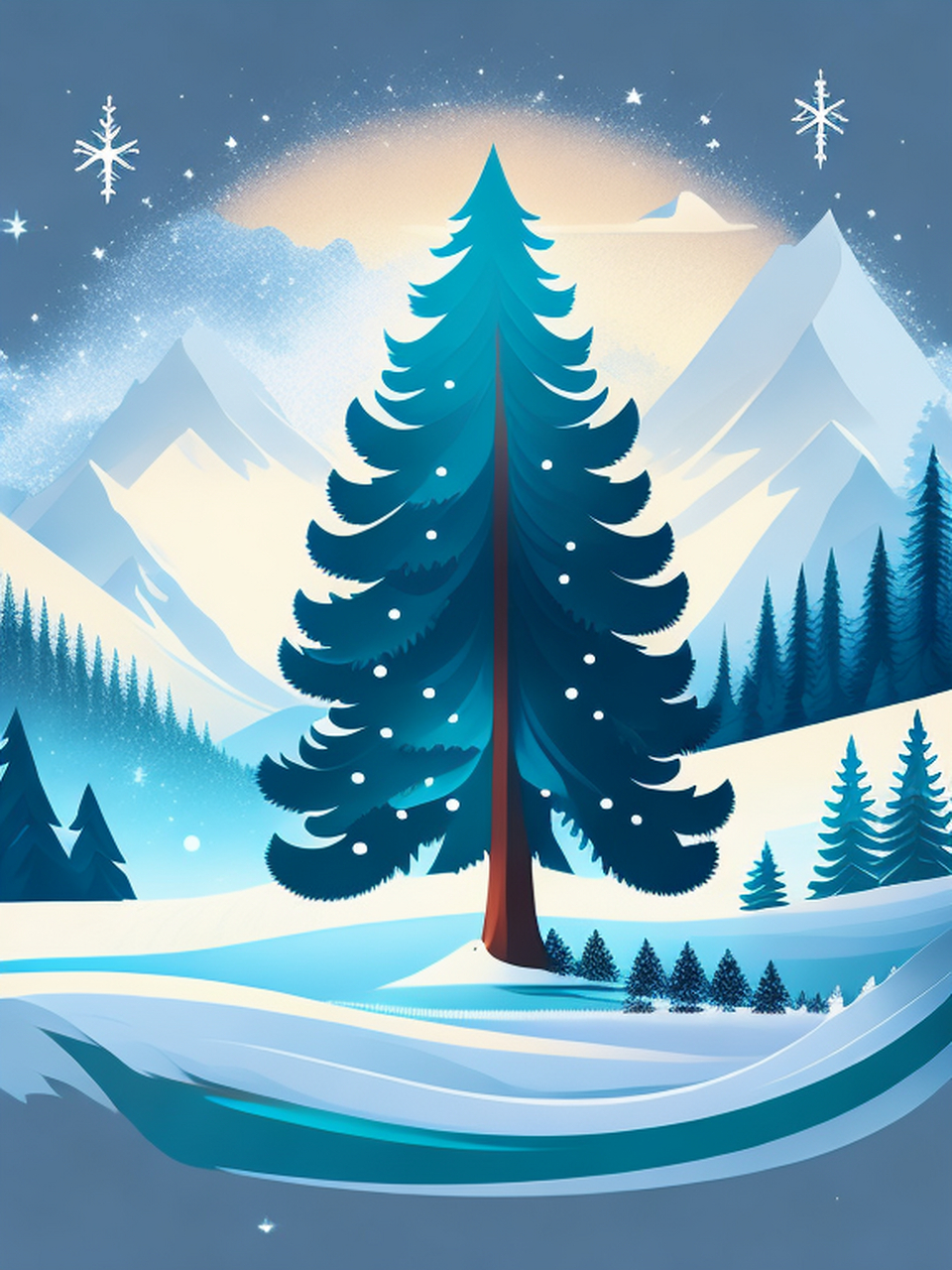 矢量艺术,冬季景观中的一棵云杉树