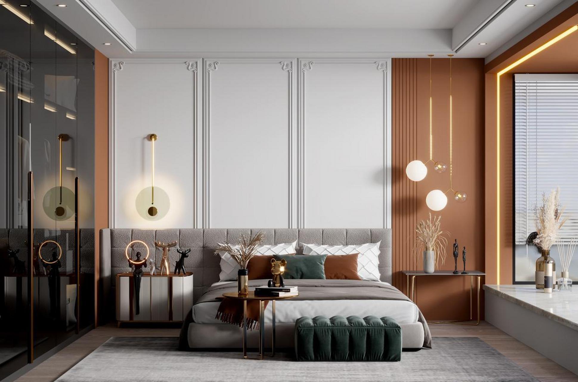 简单好看的卧室拼色背景墙设计.  你喜欢这样的装修吗?喜欢点个赞吧.