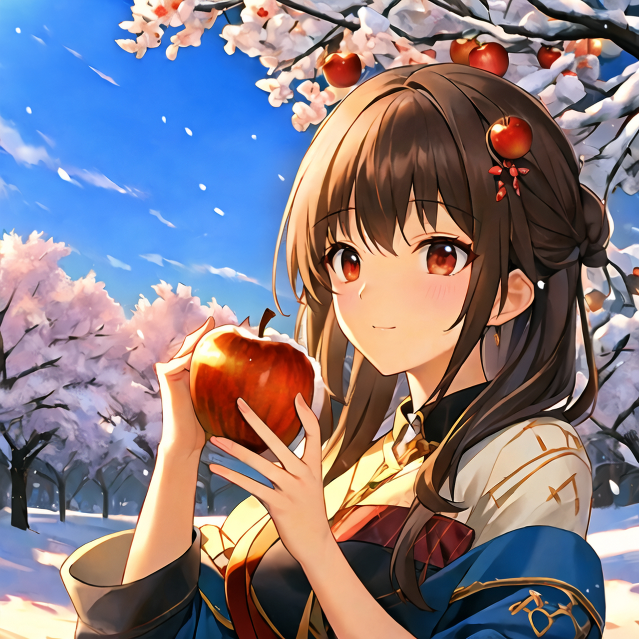 动漫女孩甜美笑, 手拿苹果雪地跳.