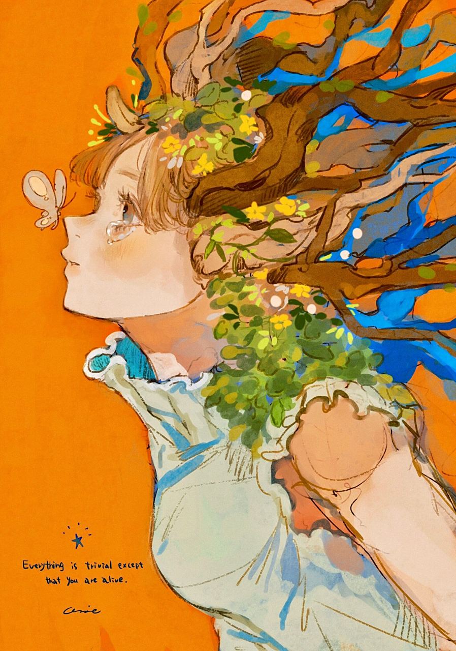 插画师orie(twitter:orie_h )的一组油画感十足的春日少女绘画,画面有