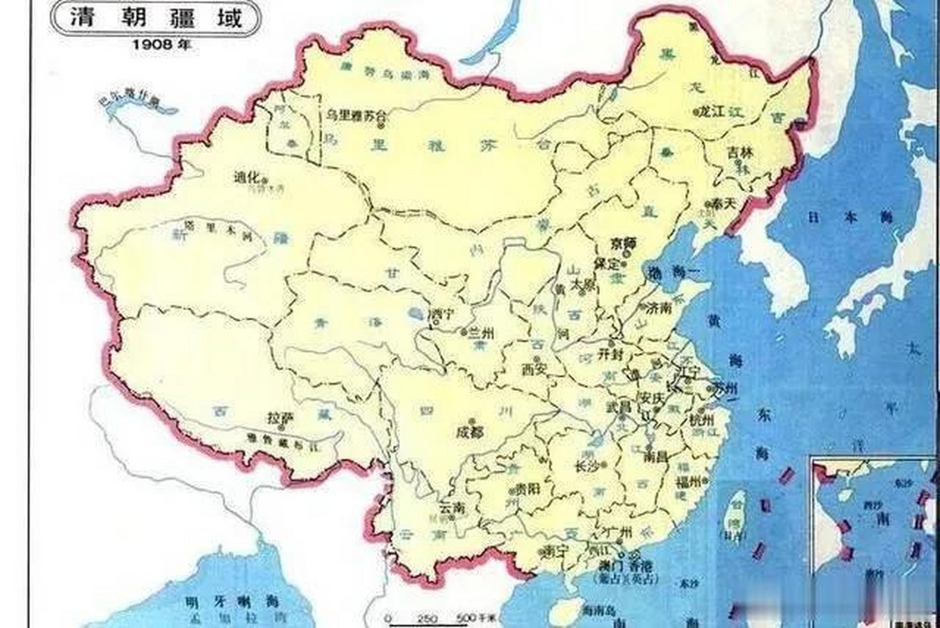 清朝疆域巅峰时期(1820年)版图与清朝灭亡前(1908年)时的版图对比