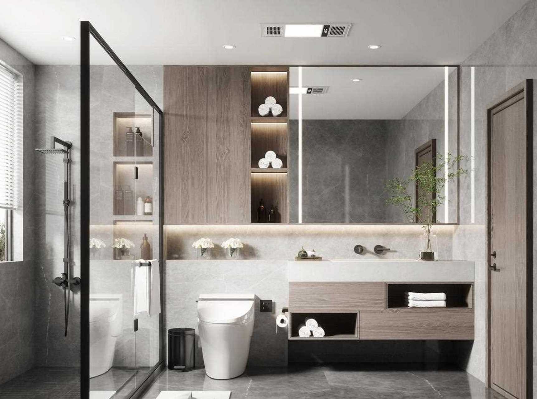 进门对着淋浴间,视野通透敞亮,马桶和浴室柜并排放着,满足了日常生活