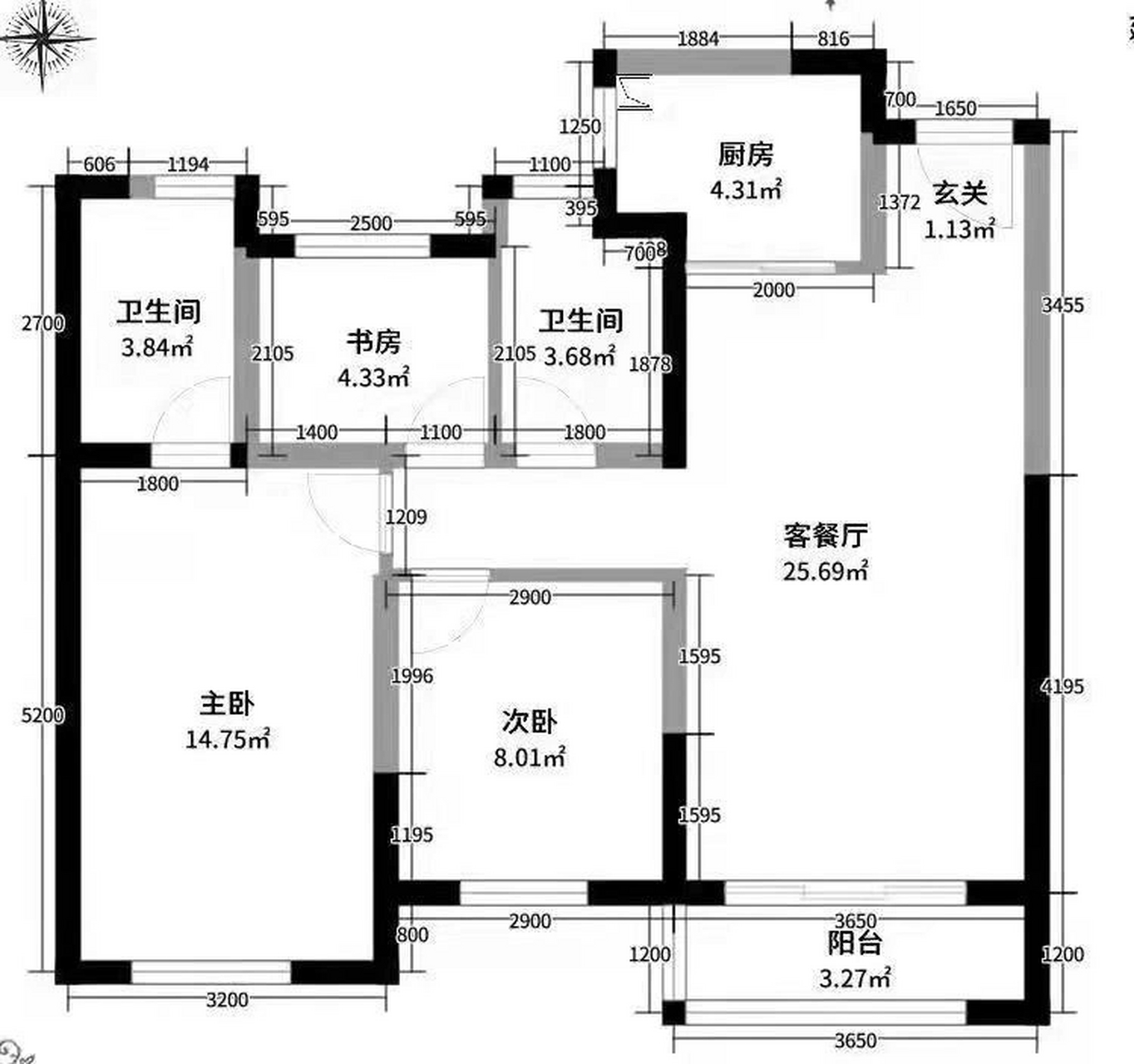 81平三室两卫一厅一厨的西边户型 毛坯房交付,没有设计师,没有设计图