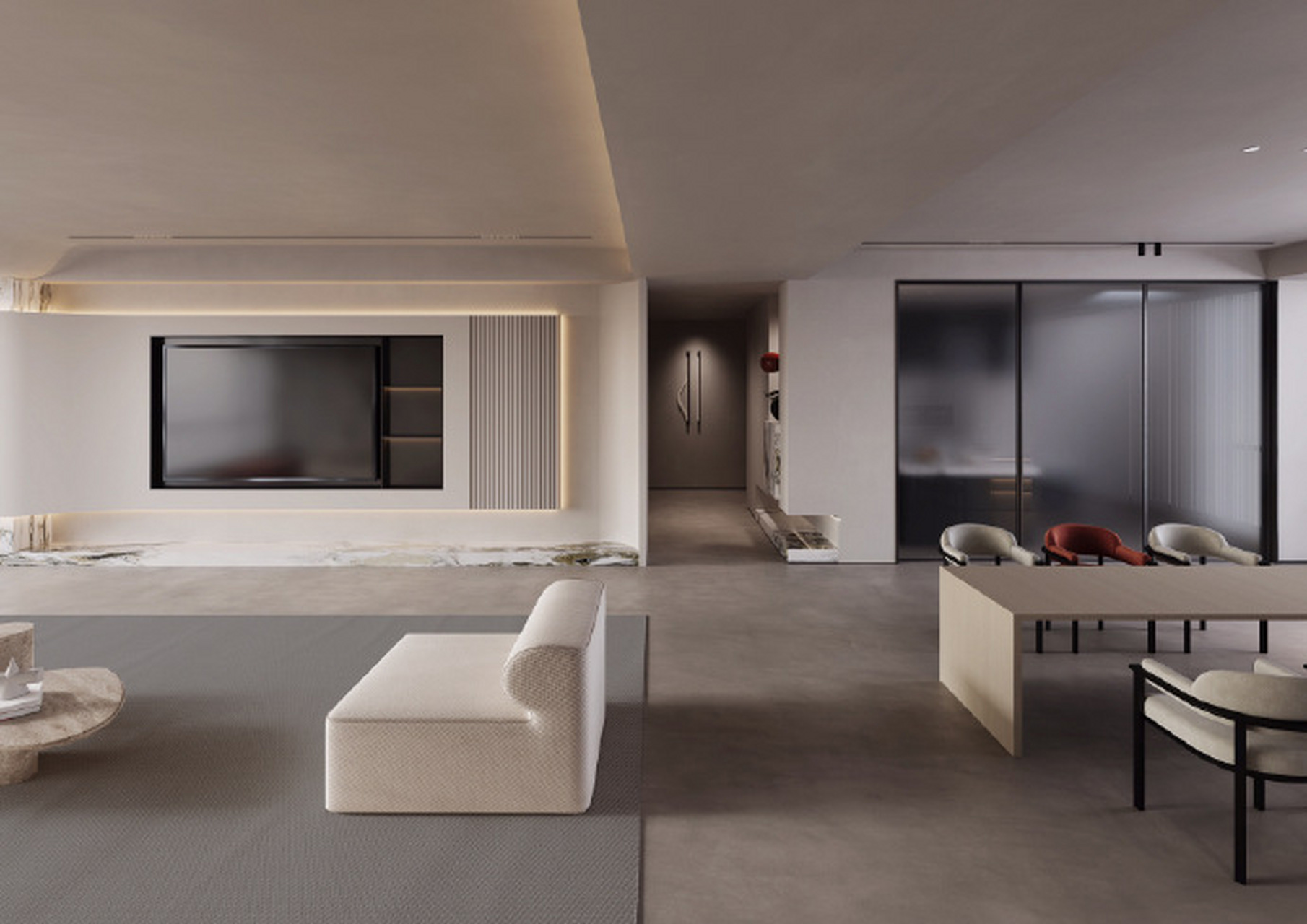 当代简约诧寂大平层客厅设计,客厅电视背景墙采用岩板地台结合米色