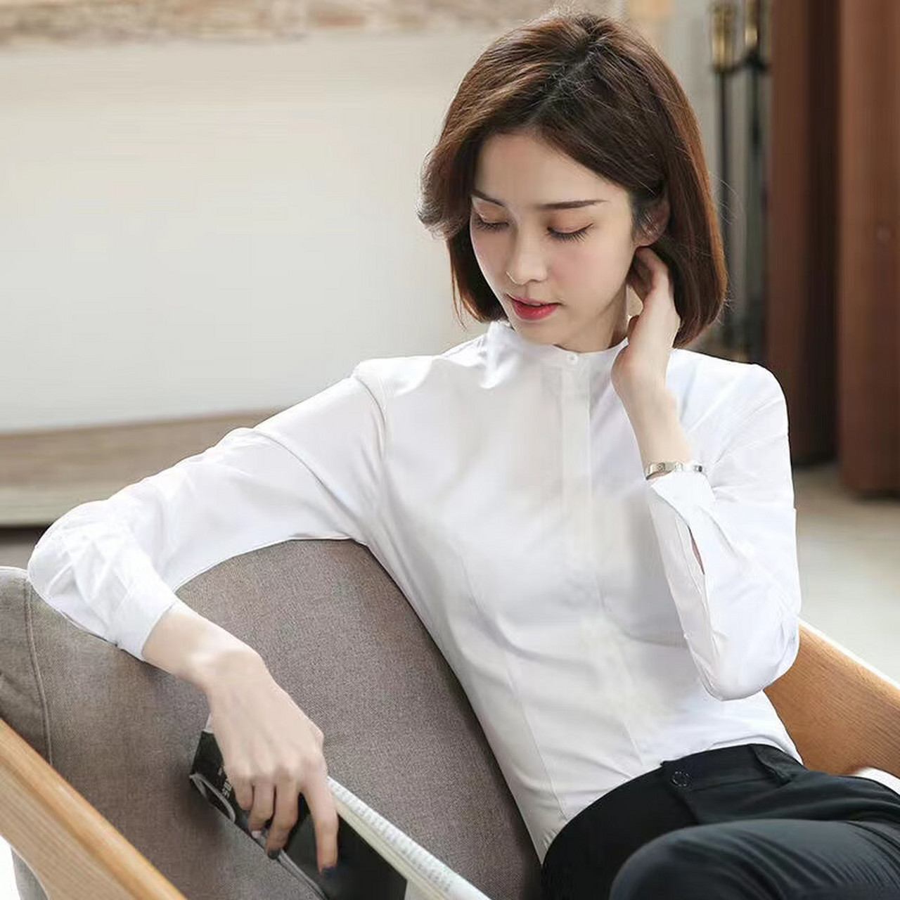 雪茜曼长袖白衬衫女2023春季常规通勤职业装气质正装方领衬衣女工装