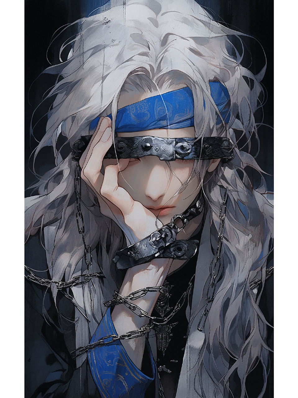 [没眼看] 被铁链锁住的古风白发美男       676767 #古风插画