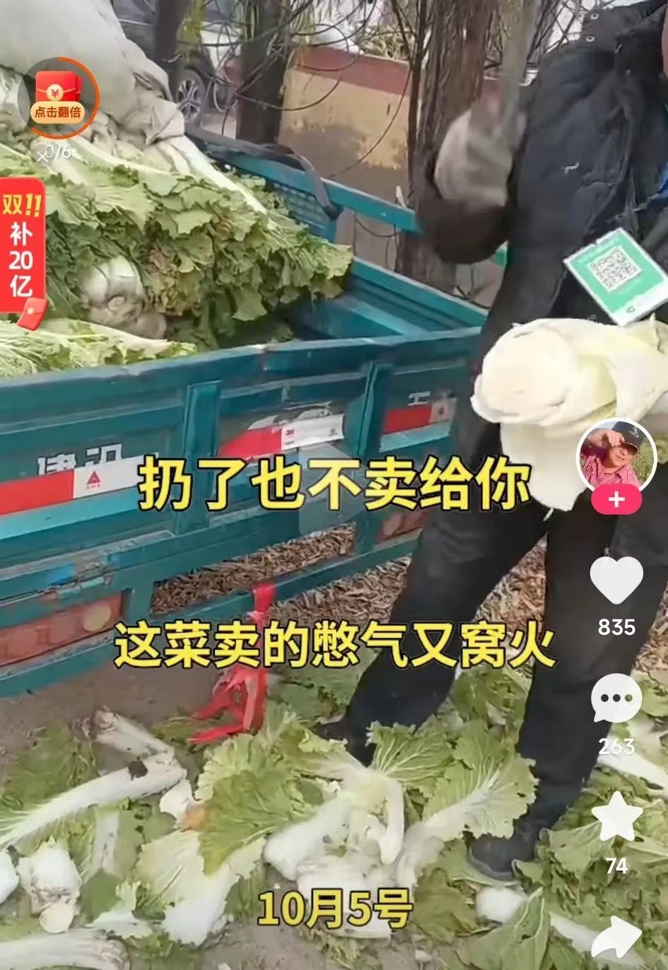 我看到了一个视频,一个卖白菜的大爷因为买菜的大姐