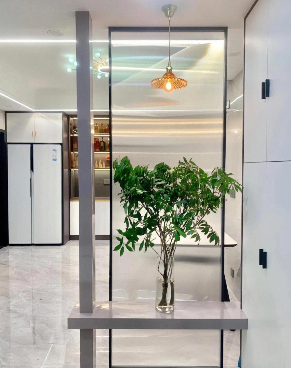 玻璃玄关隔断 家里玄关做玻璃隔断,在摆放一盆绿植.