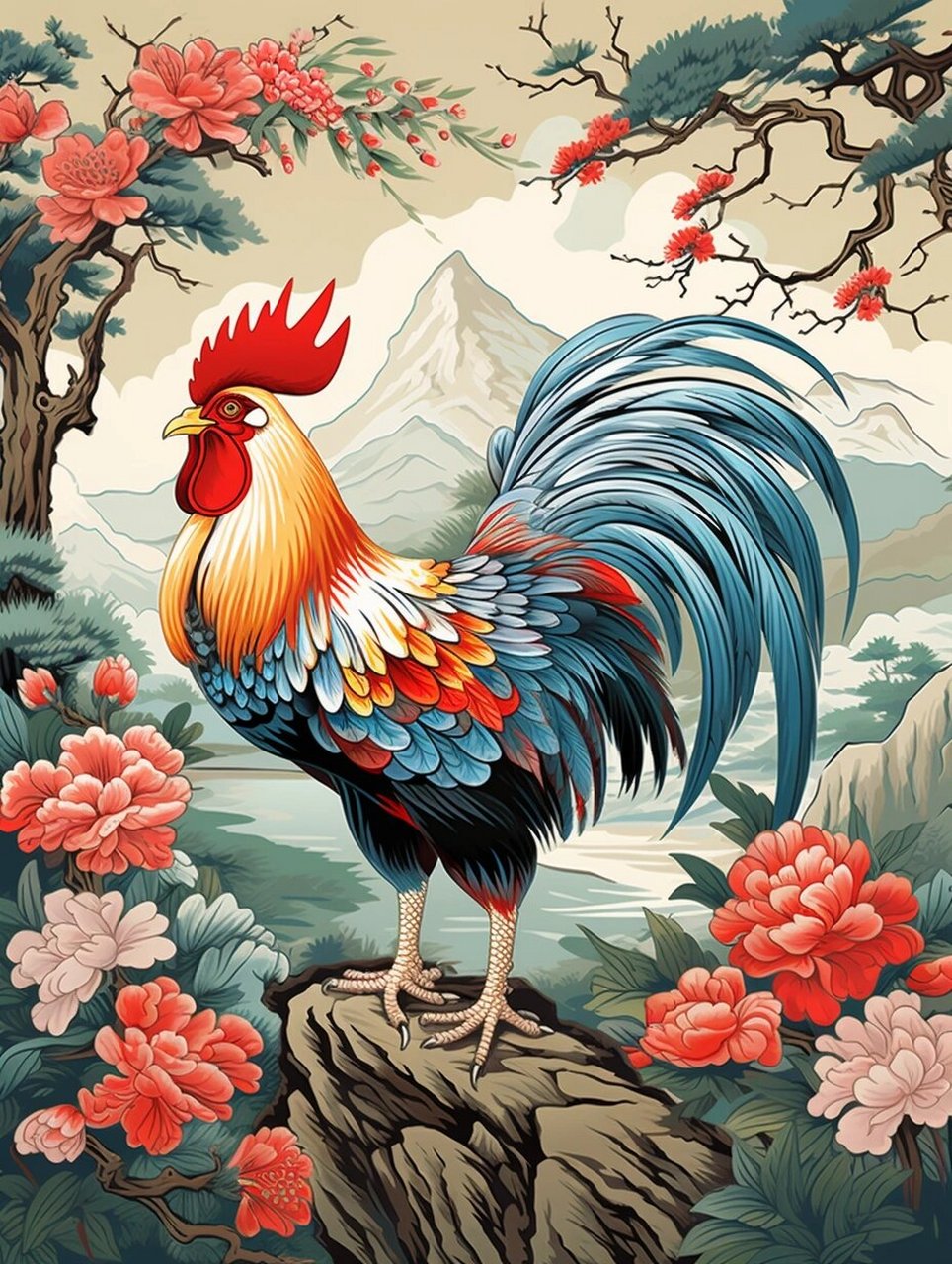 例如,一只大公鸡带领着五只小鸡,代表着五子登科的含义;一只大公鸡在