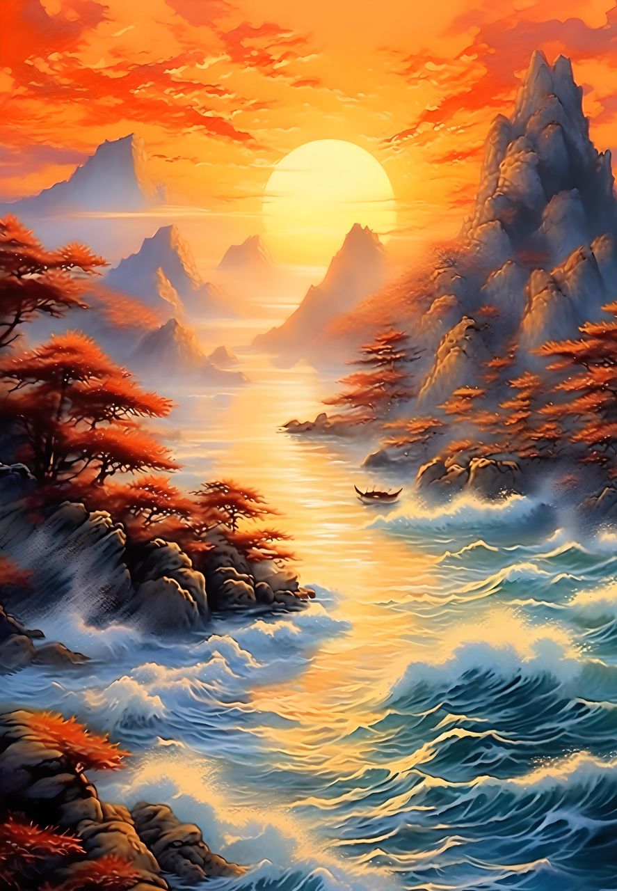 夕阳西下照江波,水面倒映晚霞多,#古风##中国画