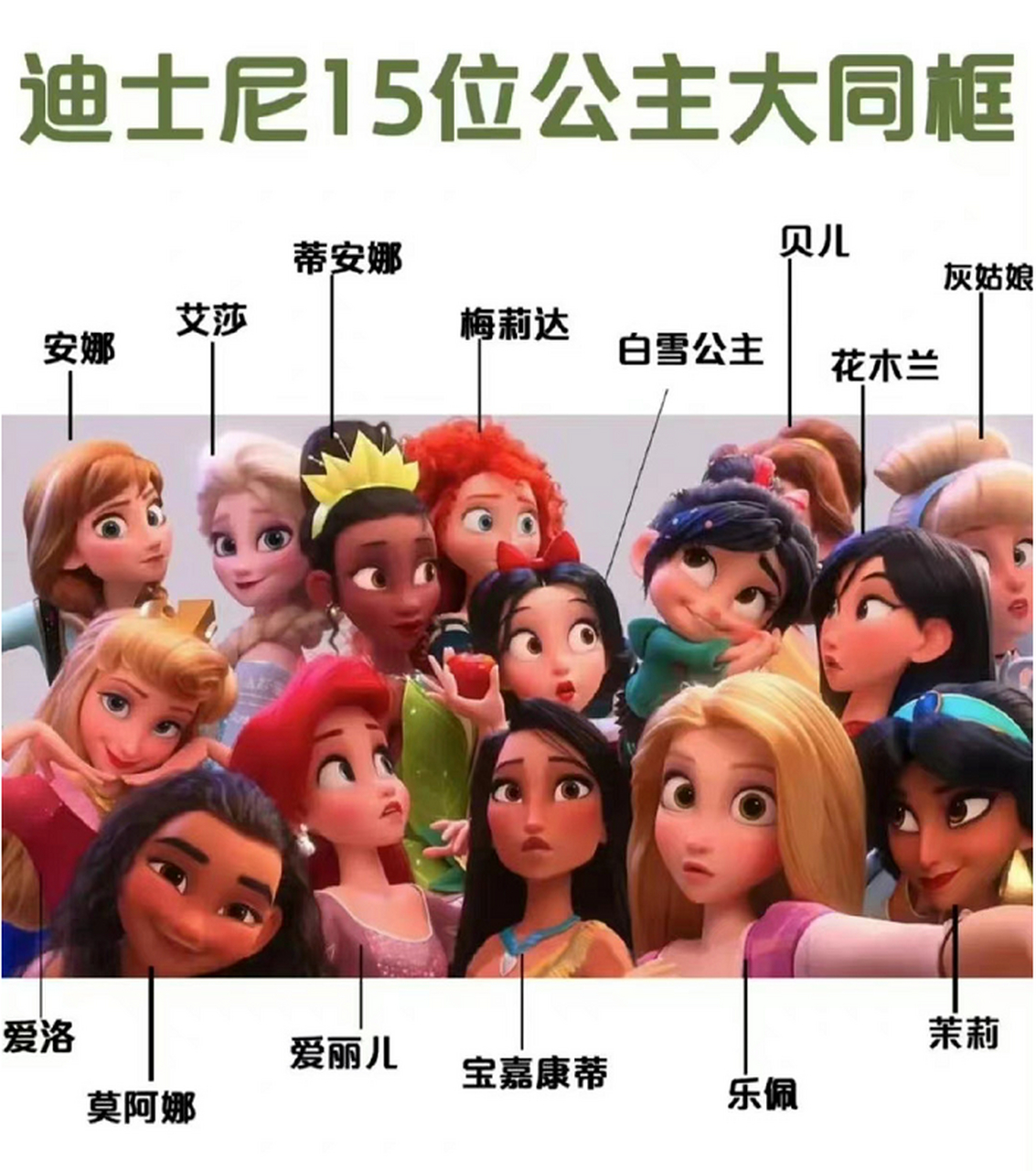 迪斯尼15位公主大同框,从 白雪公主,辛德瑞拉(灰姑娘),爱洛公主,爱丽