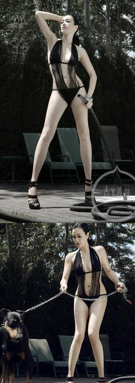 gif创作人# 钟丽缇,男人装大片. 低扎马尾,黑色套装外搭防晒衣.