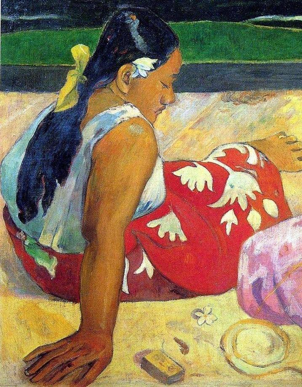 高更《塔西提岛的女人们——沙滩女人》 高更是法国后印象派画家,对于
