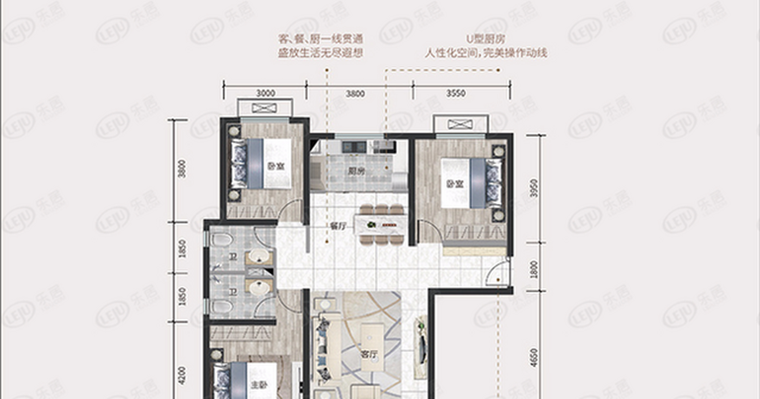 16㎡三室两厅两卫的户型,南北通透设计,户型空间格局方正,布局合理