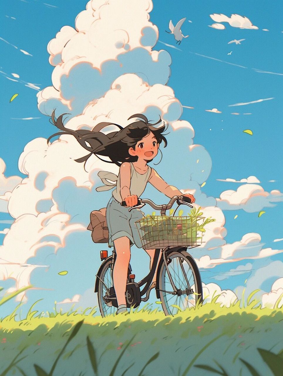 一位骑自行车的可爱女孩,背景中有绿色的草地和云彩,风格如同迷人动漫