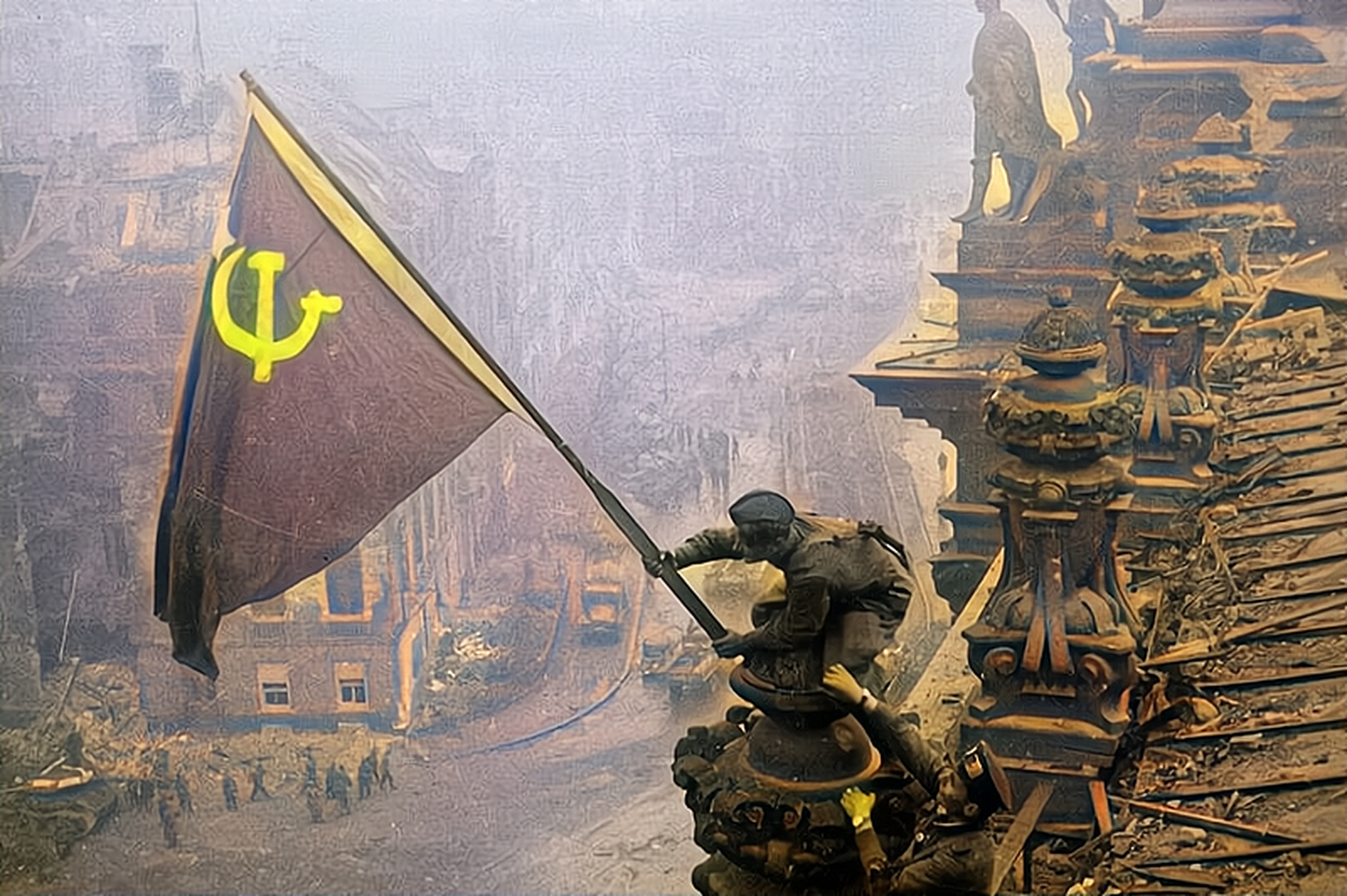 1945年,苏联士兵将国旗插上德国国会大厦的照片,这张照片非常著名