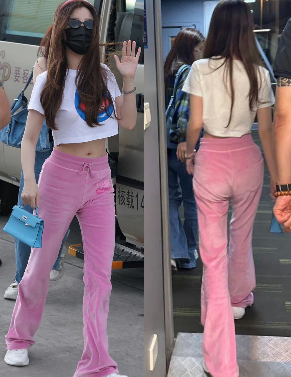 虞书欣230708机场穿搭,印花crop top搭配粉色长裤与运动鞋,手拎蓝色