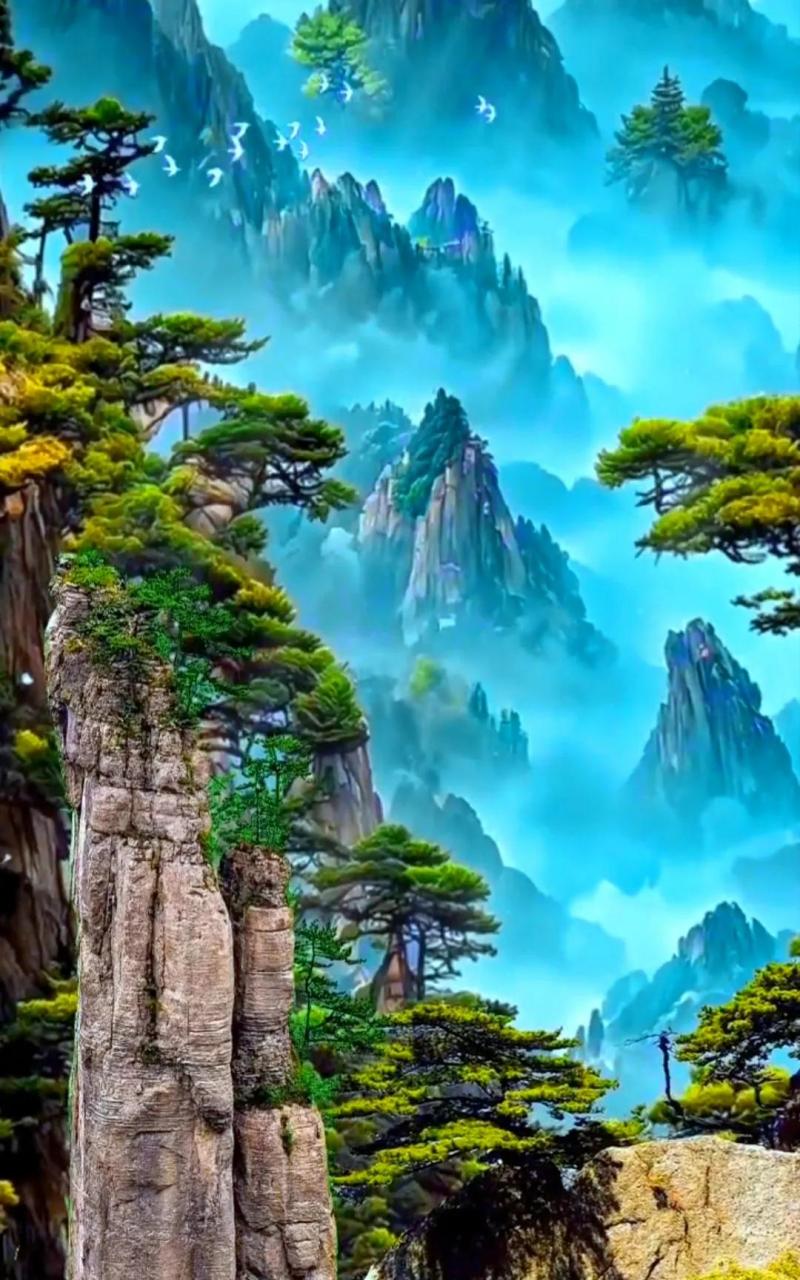 《群峰仙山》仙山美峰秀,鸟飞白云上.美景如画郎,万峰云飞上.