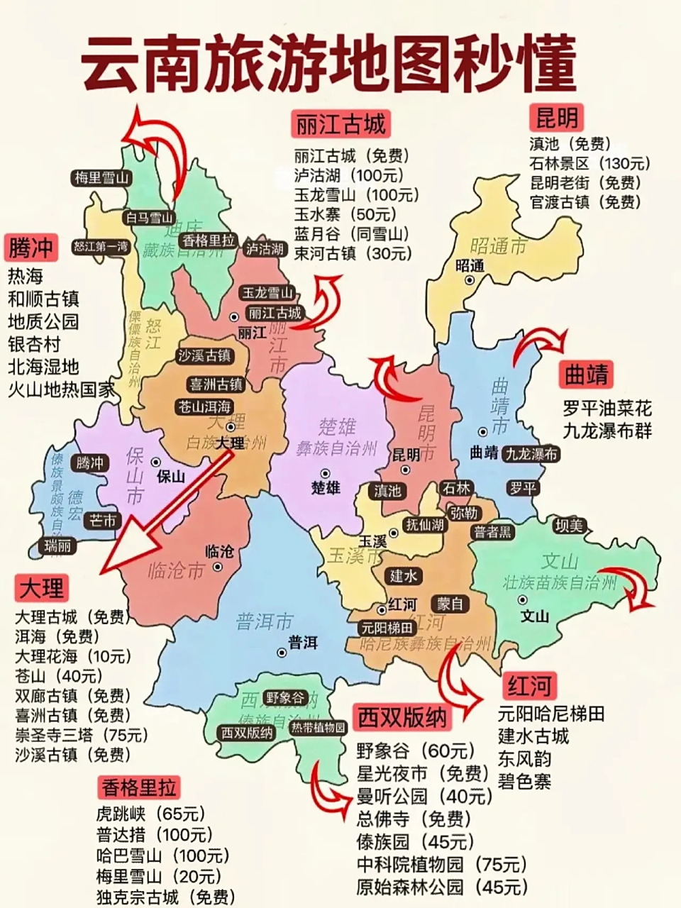 云南各主要景点地图,从图片能够看出云南的景点还是很多的,云南山清