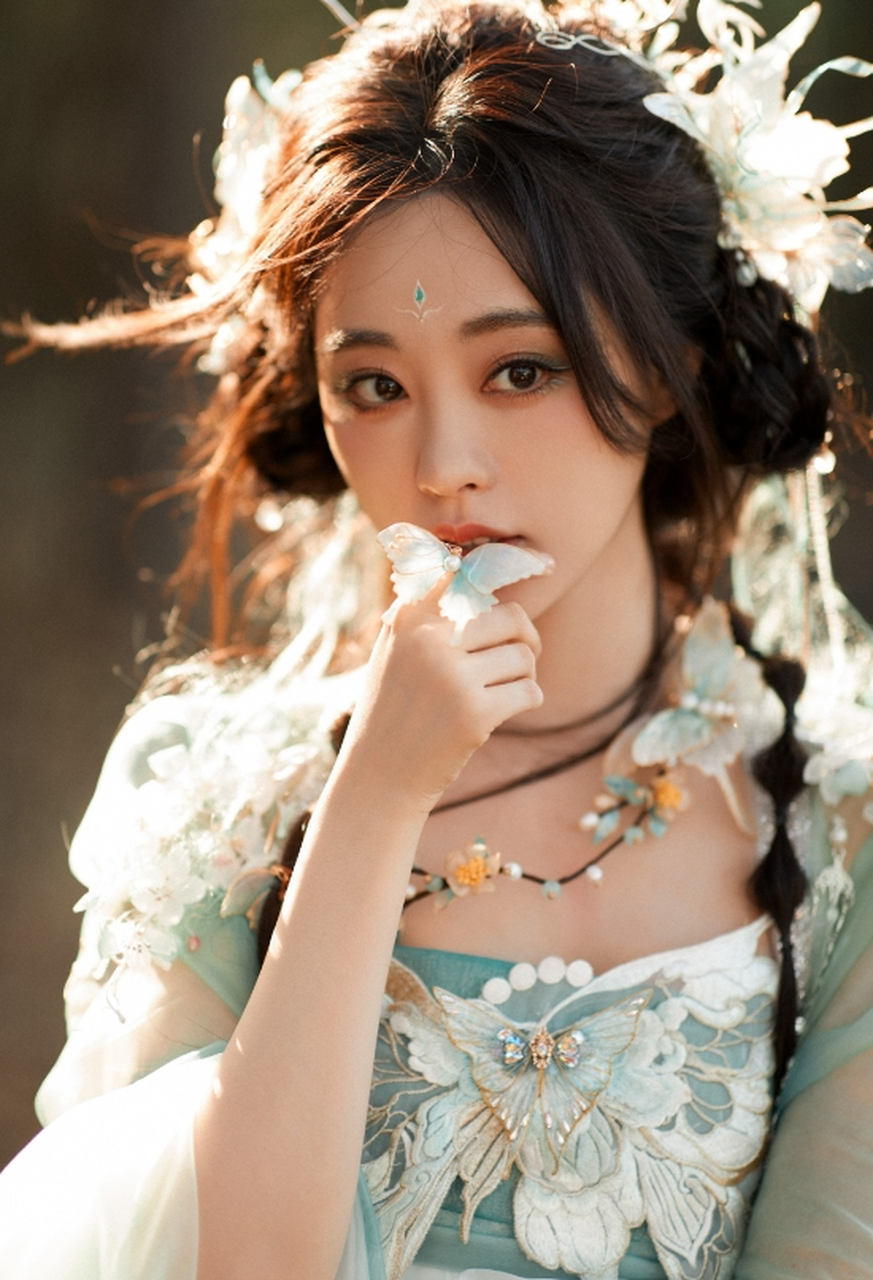 古装女神#祝绪丹# 头扎蝴蝶结双马尾辫,一袭轻纱古风造型,清新甜美