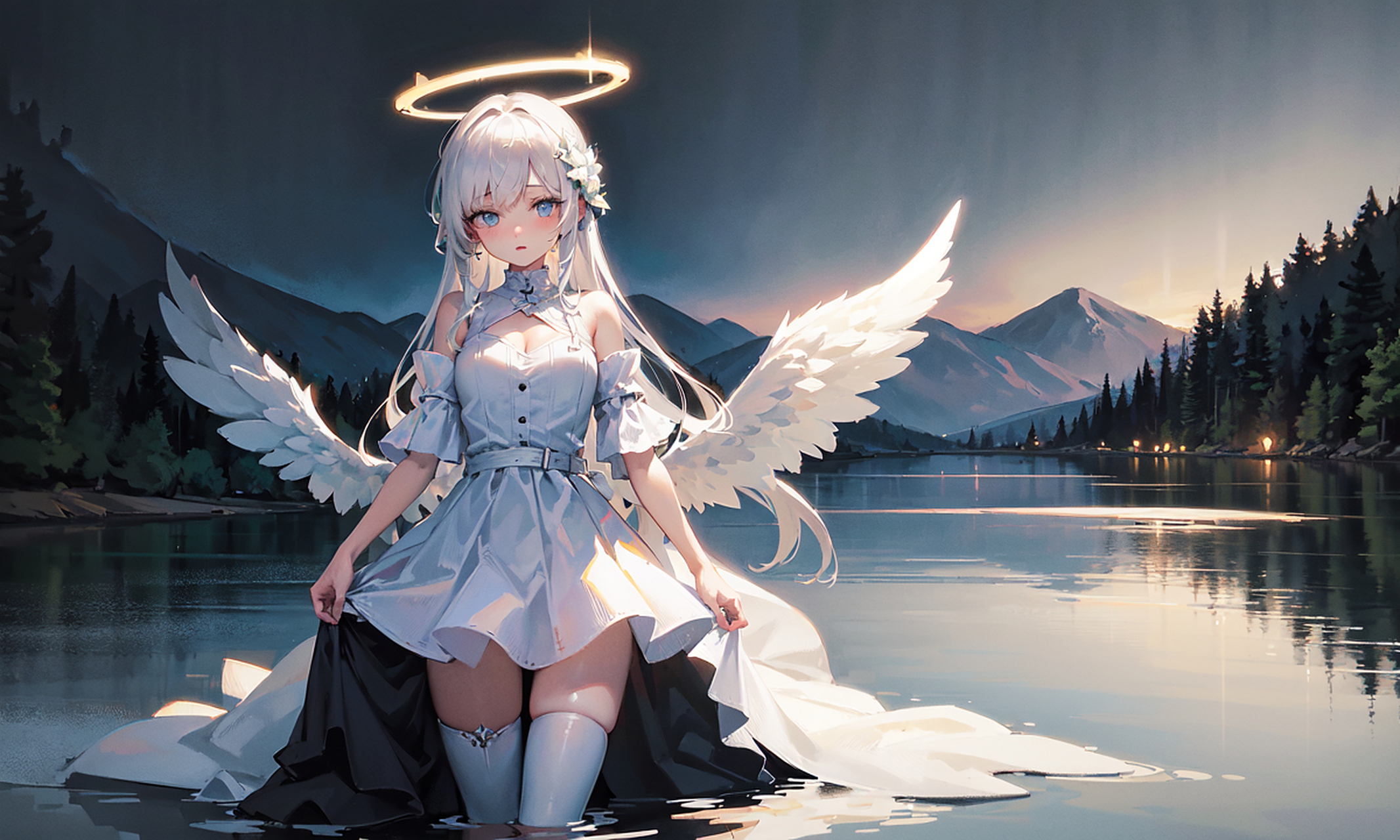 湖边的白毛小天使[期待]  #二次元美图