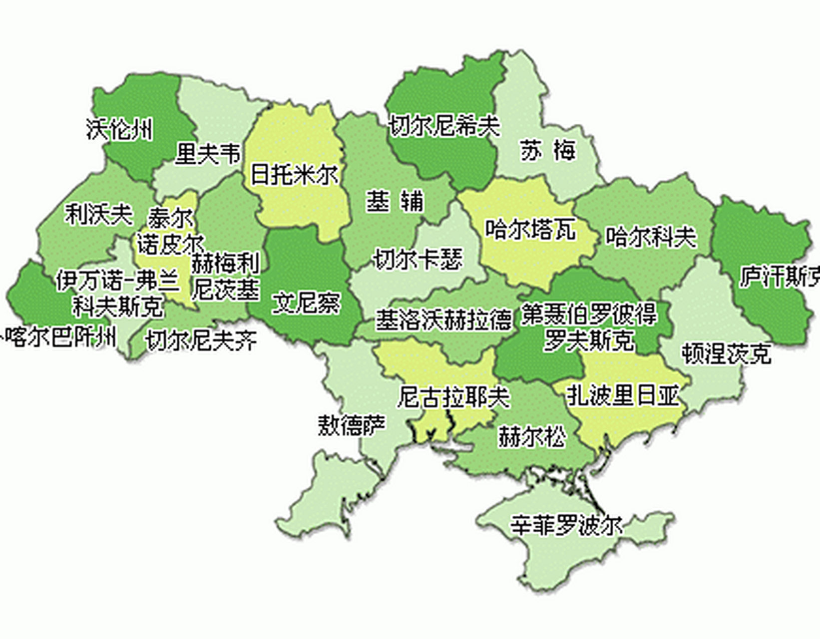 请看乌克兰地图,2图东部和西部分颜色上区分开来了.