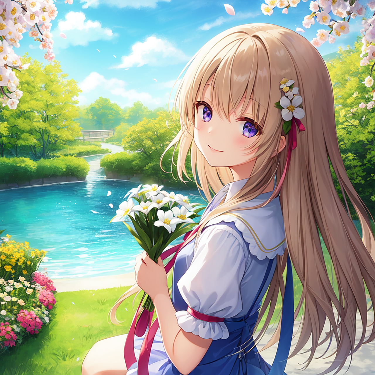 ai绘画# #ai二次元# 捧着鲜花的少女,喜欢#乐享周末分享吧