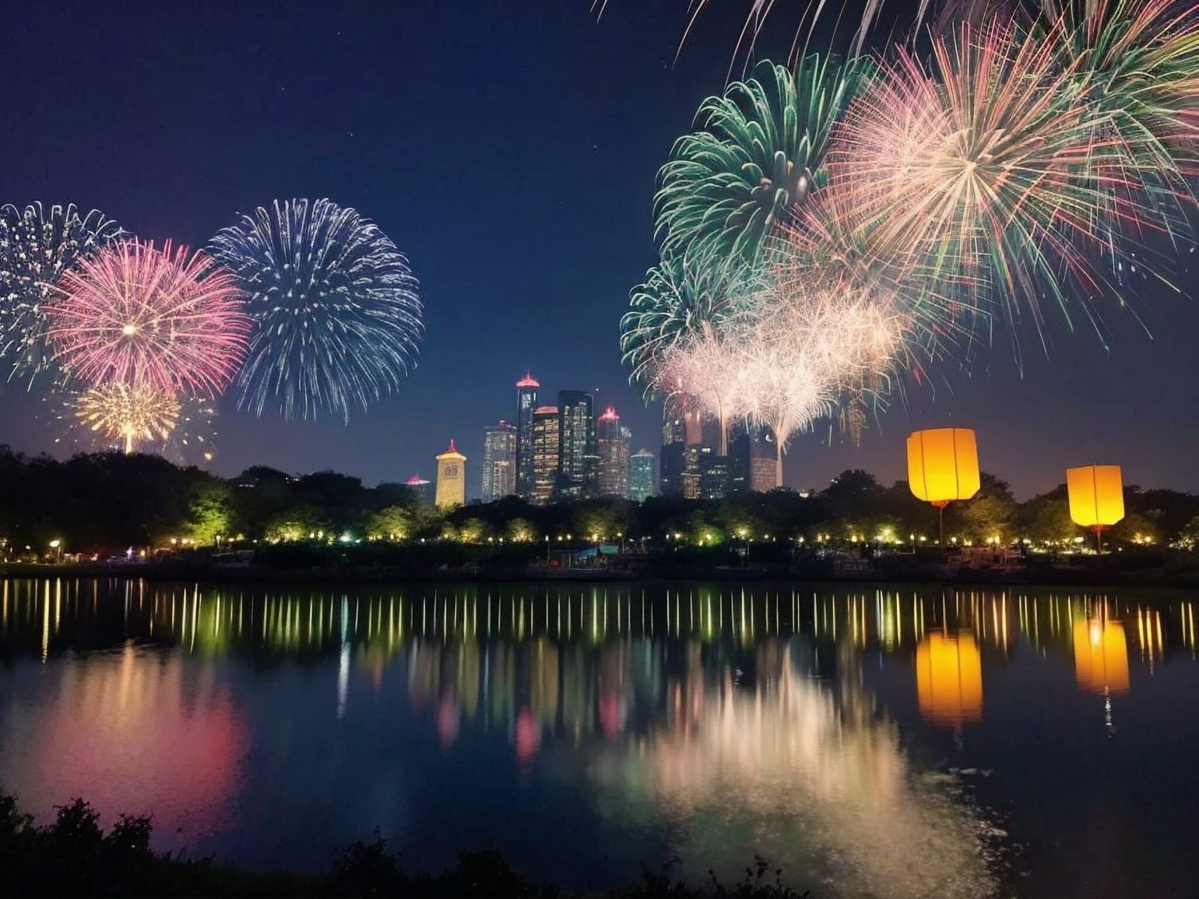 城市夜幕低垂,烟花绽放在天际,五彩斑斓的光芒,闪耀着希望的信仰.