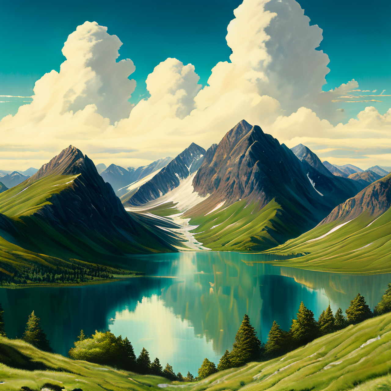 #百度ai绘图黑科技# 眼前是一幅美丽的自然风景画,蓝天白云下,青山翠