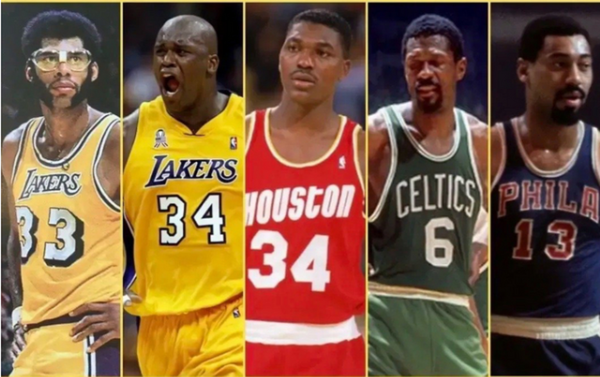 分别是拉塞尔,奥拉朱旺,奥尼尔,张伯伦和贾巴尔