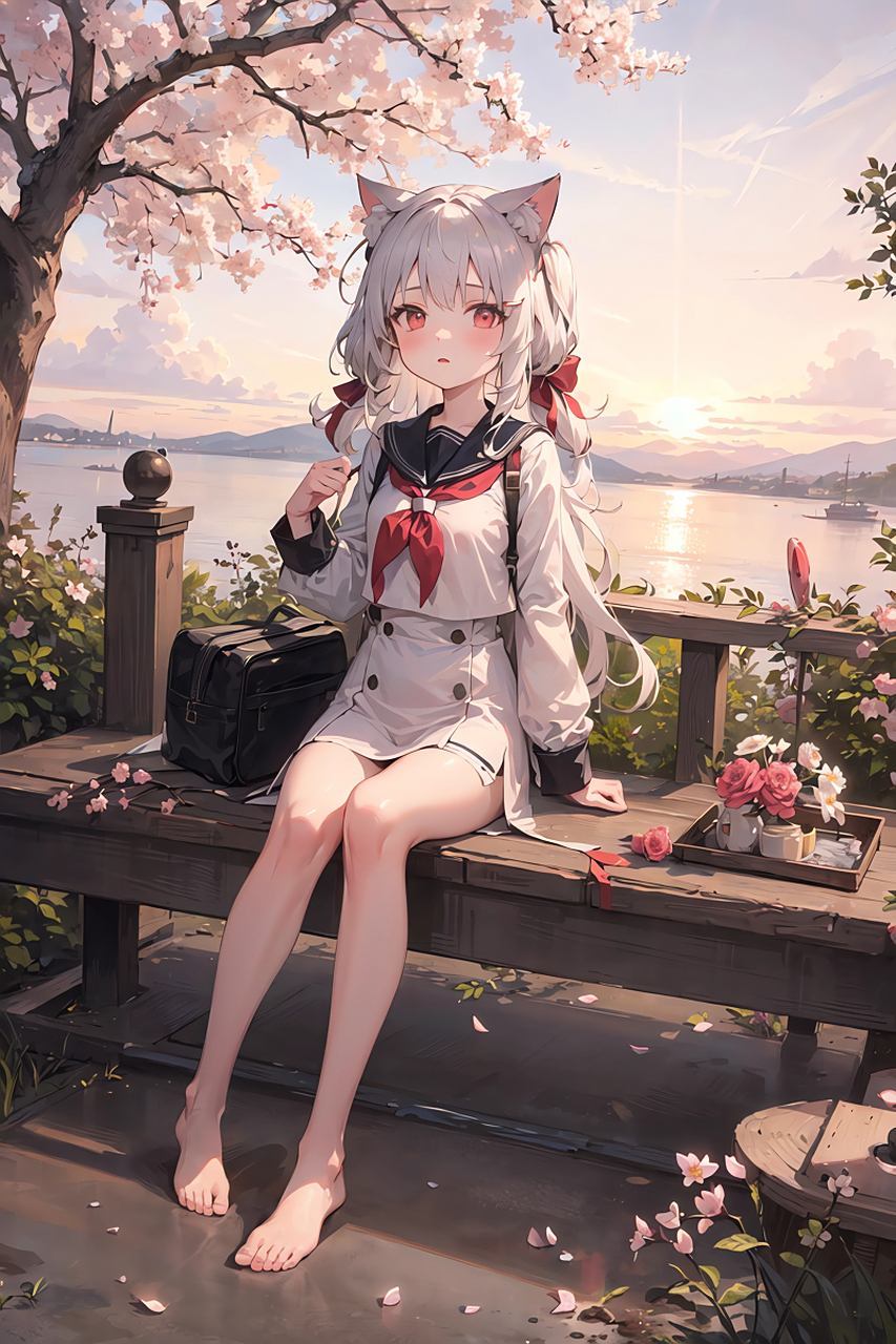 樱花下的白毛猫耳娘[期待][期待]  #二次元