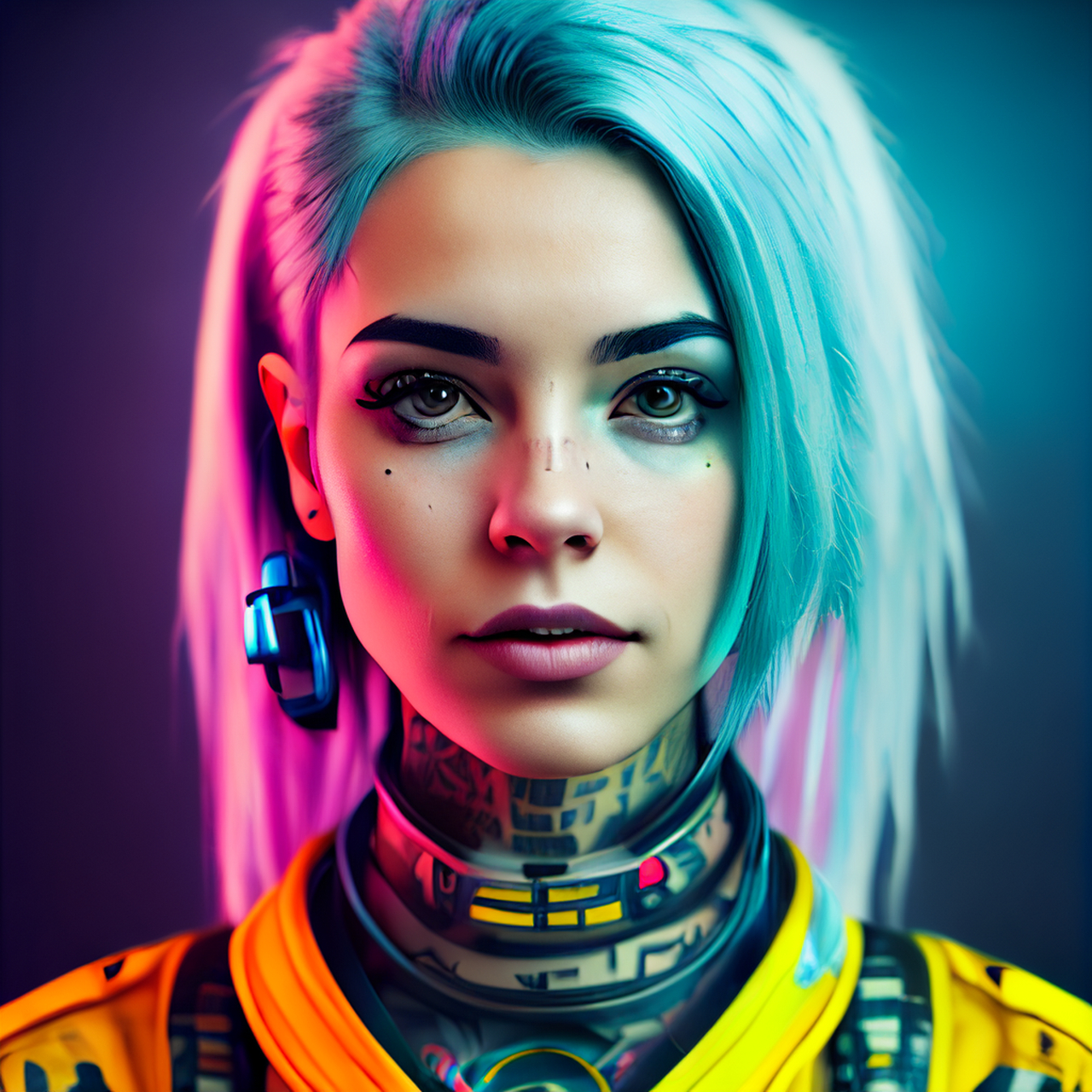 一幅未来派年轻迷人的赛博朋克美女的肖像,穿着太空服,留着蓝色长发