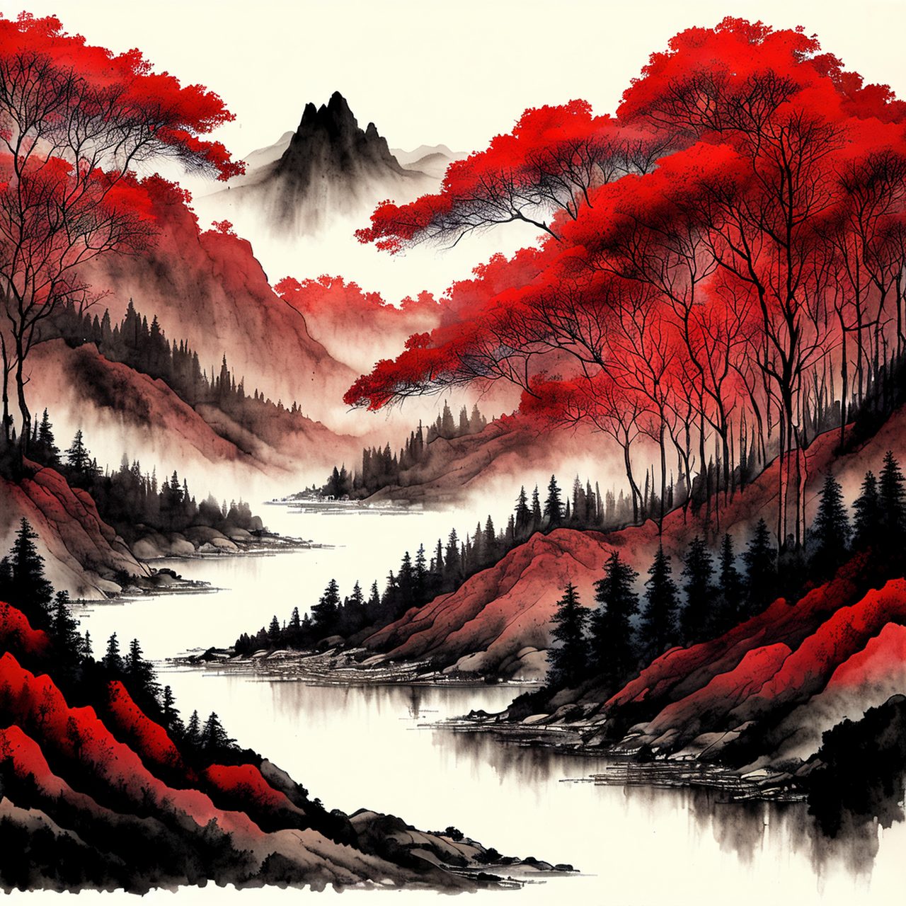 今日立秋,请看万山红遍,层林尽染93   文心一格作图 - prompt:万山