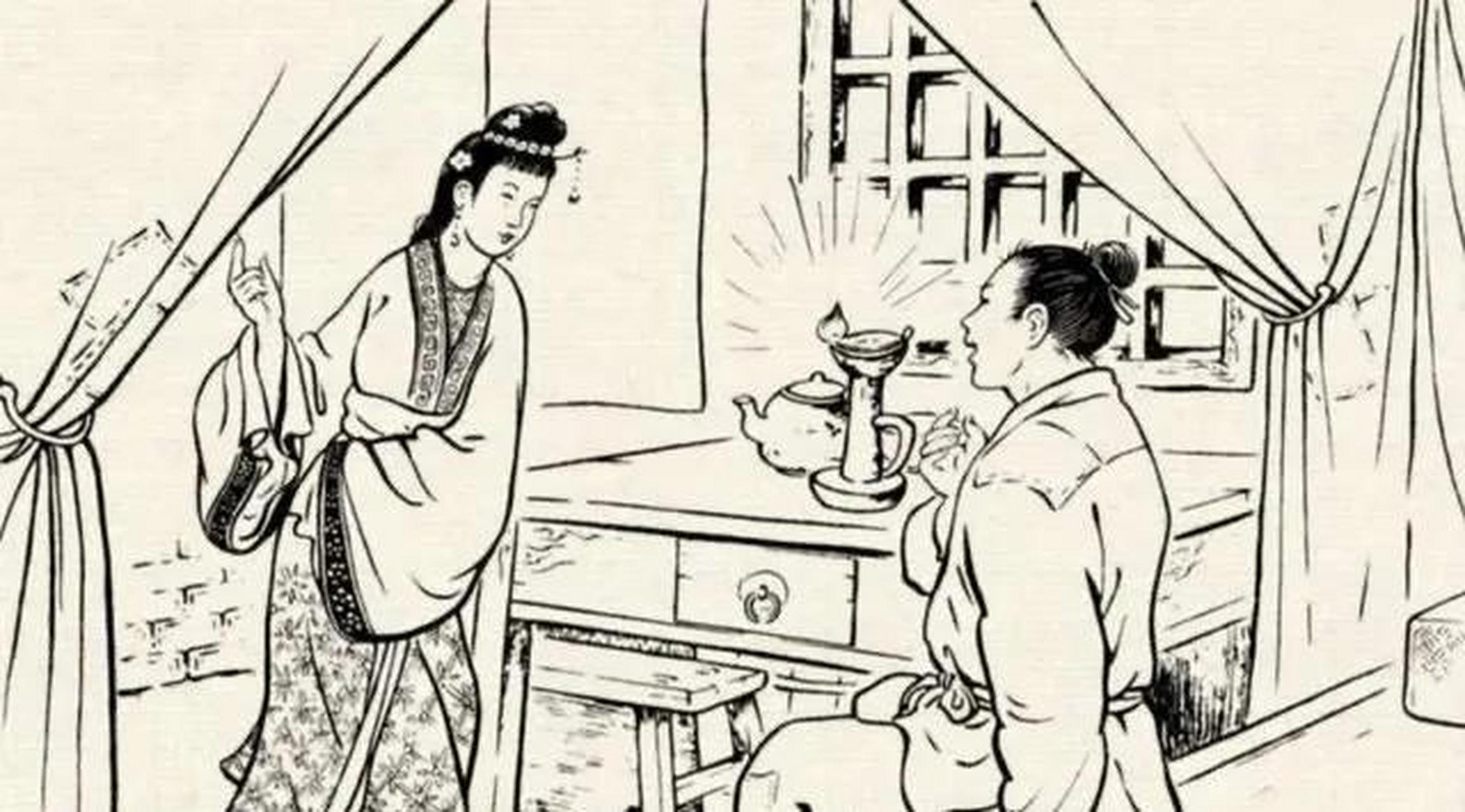 古时,一女子见丈夫外出,与邻居一个少年在房中相互挑逗,被跑来玩耍的