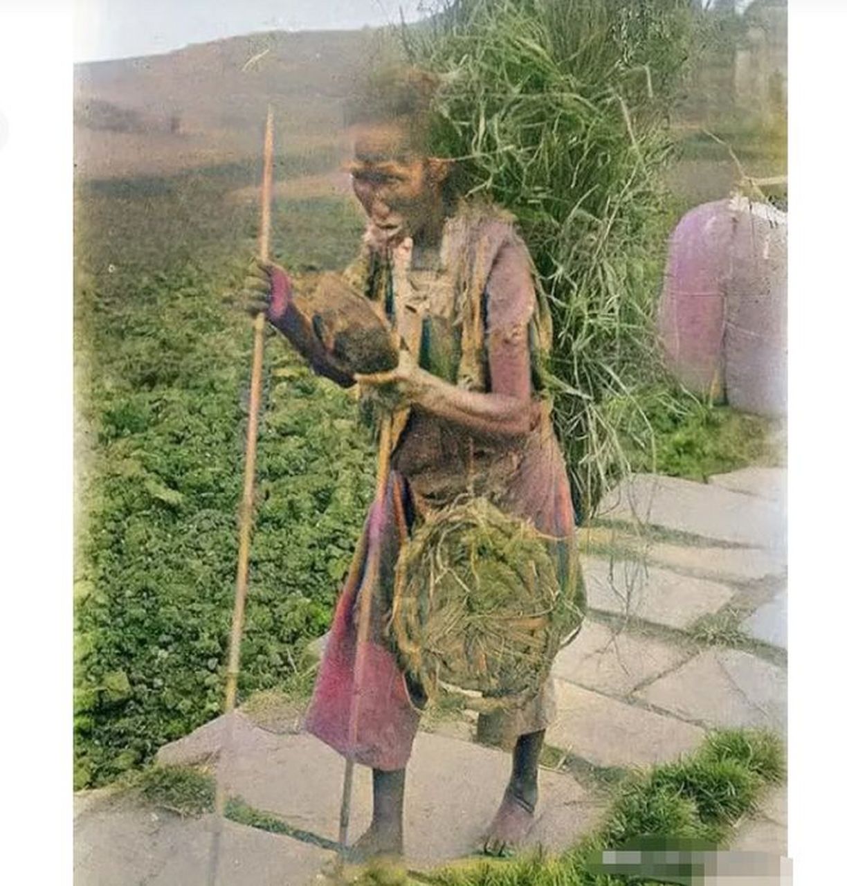 她的左手拿着一个破碗,用来乞讨食物.