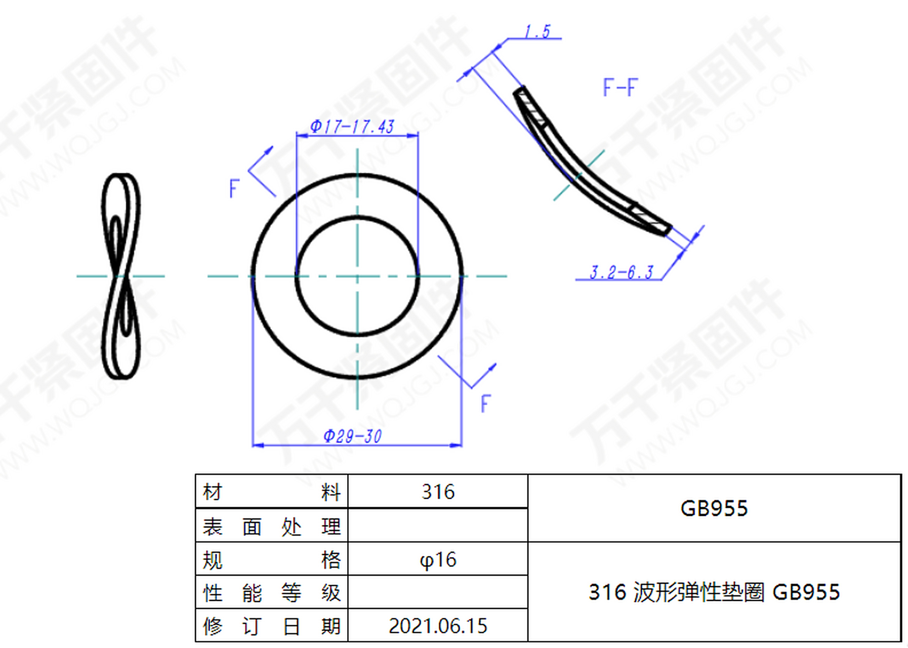 今日紧固件设计图分享:国标gb955的波形弹性垫圈,316不锈钢,φ16
