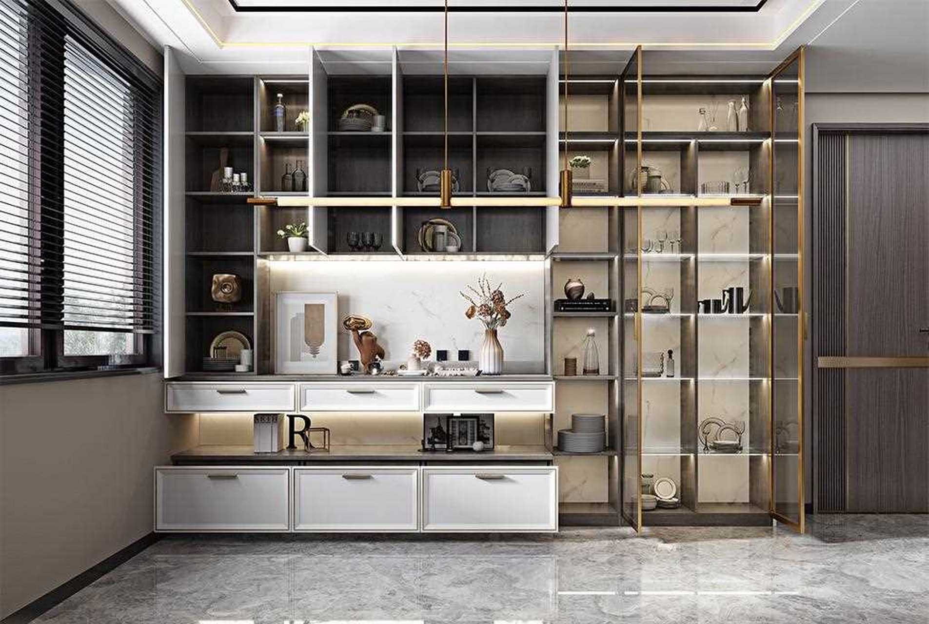 港式轻奢系列餐边柜,极简窄横框,黄铜拉丝铝框门,2.