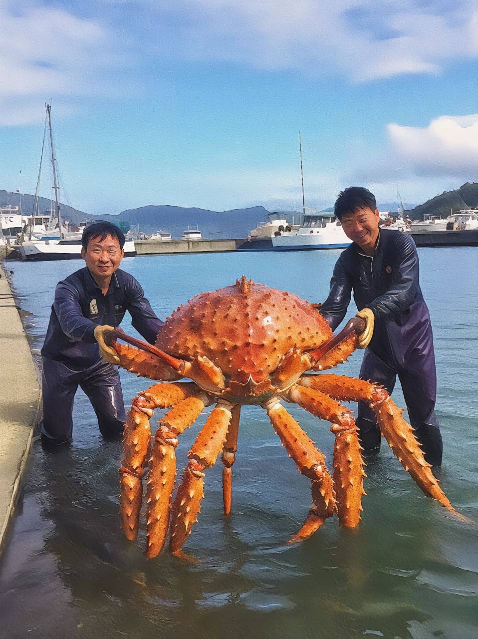 有网友晒出捕抓帝王蟹的照片,那一只帝皇蟹比人还大,竟然被他们给